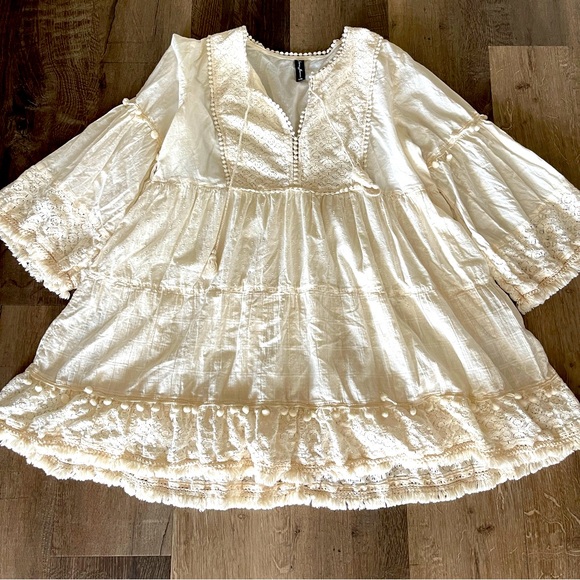 Jeune Jeunesse Cream Colored Boho Style Mini Dress Size L-XL - Picture 2 of 15